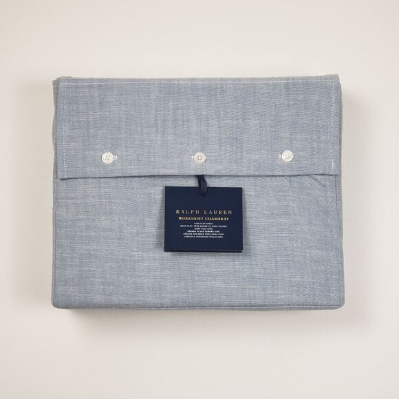 Ralph Lauren Workshirt Chambray King Flat Sheet Blue Luxury Bedding, 114"x108" - Picture 4 of 16